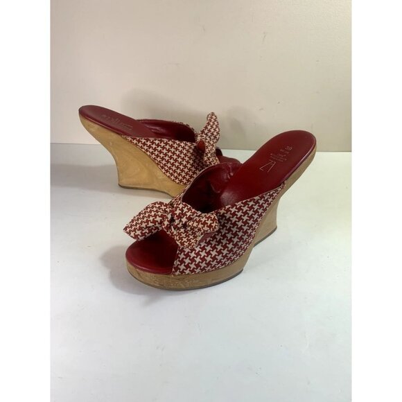 ZARA Rare Red+White Houndstooth Wood Wedge Clog Retro 40s Pin-up Bow Tie - Picture 2 of 9